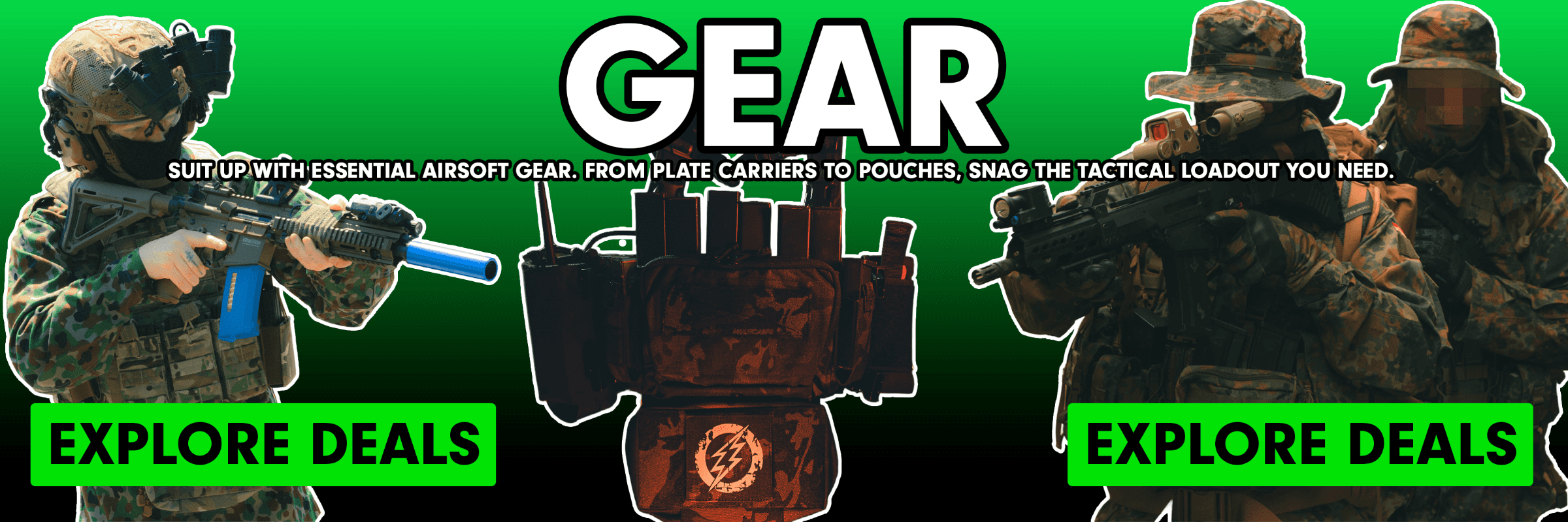 Gear - Suit up with essential airsoft gear. From plate carriers to pouches, snag the tactical loadout you need