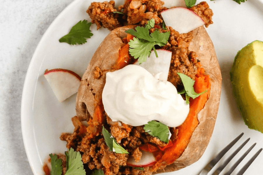 Chili Stuffed Sweet Potato