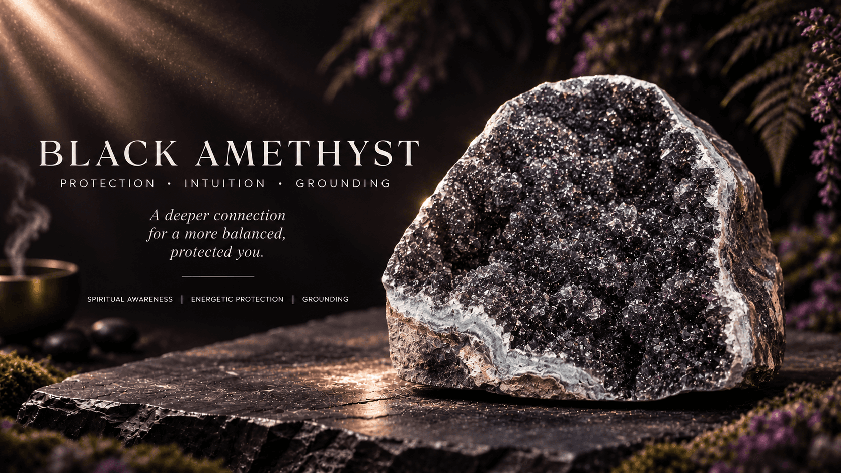 Black Amethyst: Protection, Intuition, Grounding. A deeper connection for a more balanced, protected you.