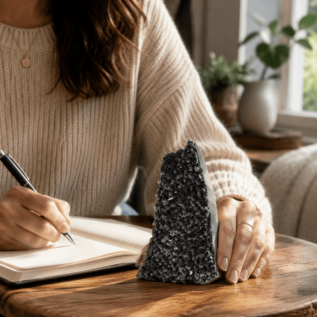 woman journaling with standing black amethyst
