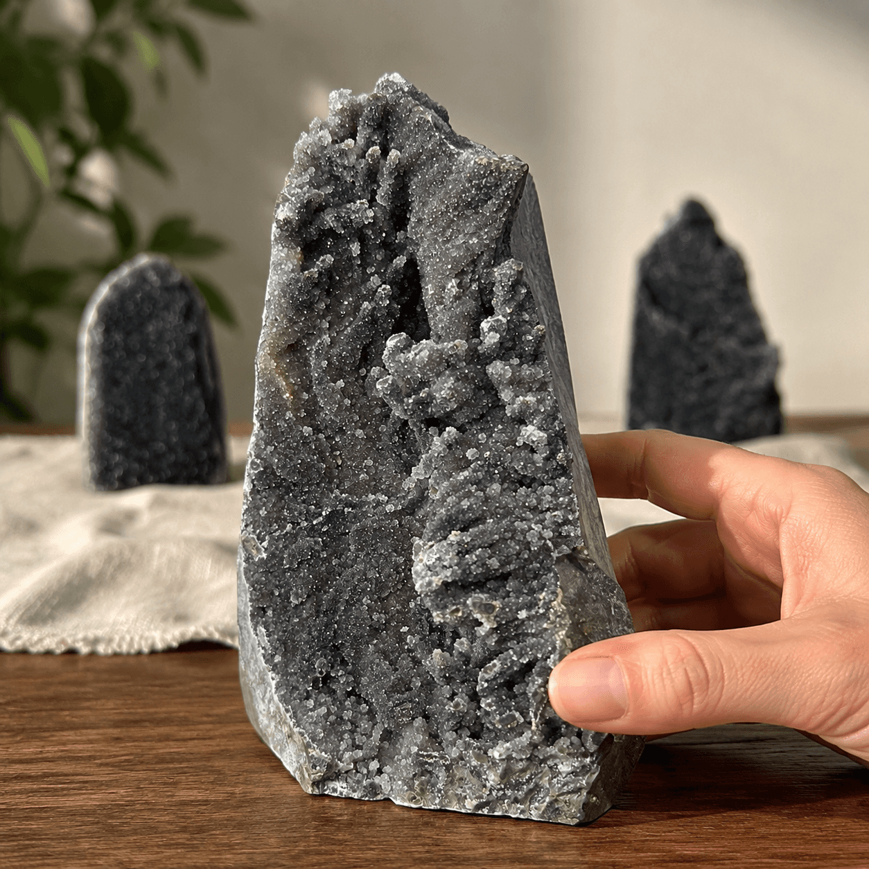 standing black amethyst crystal cluster in foreground on wooden table