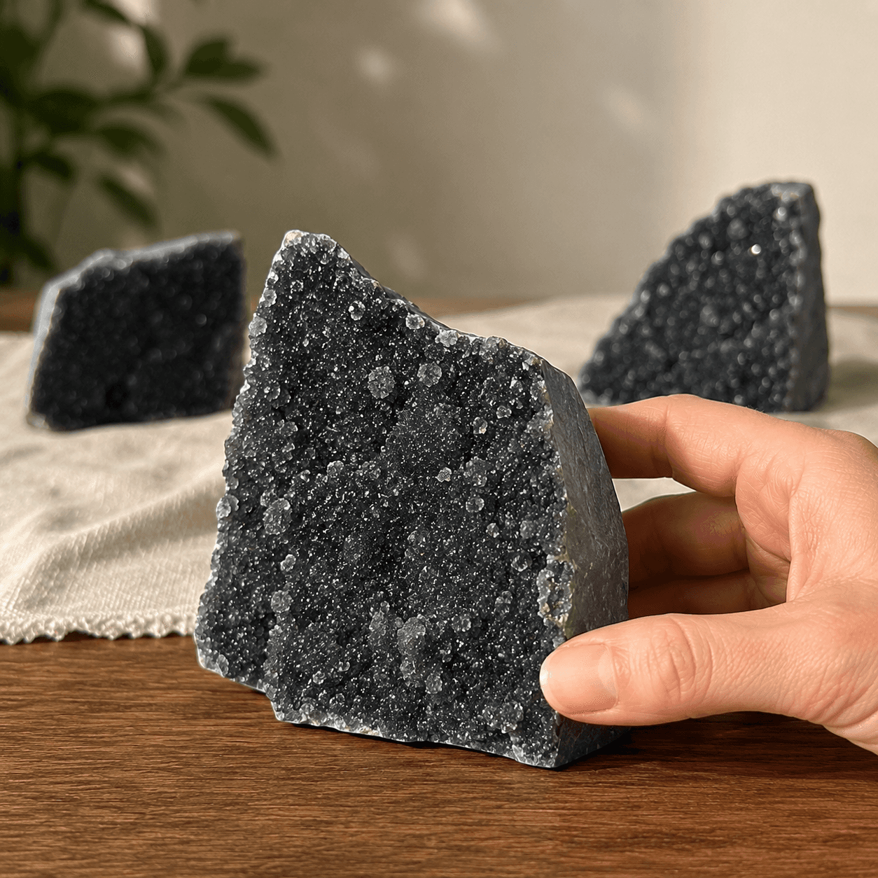 three Black Amethyst clusters sitting on a wooden table