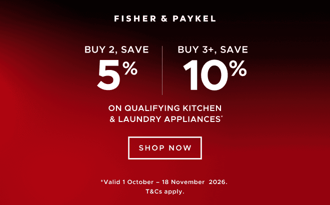Save up to 10% when you purchase 2 or more qualifying Fisher & Paykel Kitchen & Laundr appliances*