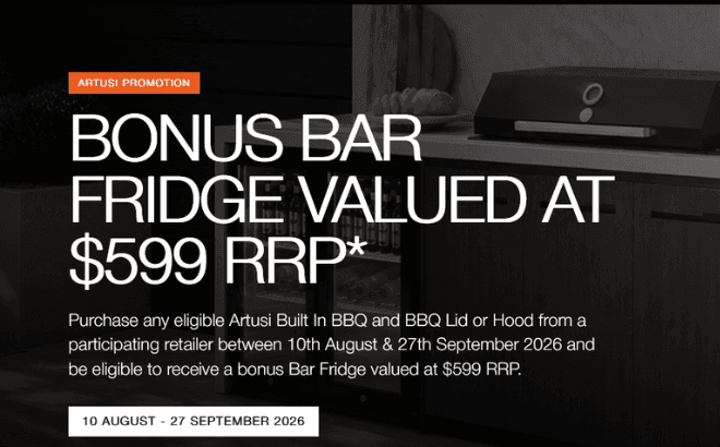 Bonus Bar Fridge with any eligible Artusi BBQ with matching lid or hood