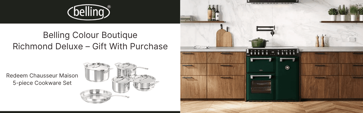 PURCHASE ANY NEW BELLING COLOUR BOUTIQUE RICHMOND DELUXE RANGE COOKER & REDEEM CHAUSSEUR MAISON 5-PCE COOKWARE SET