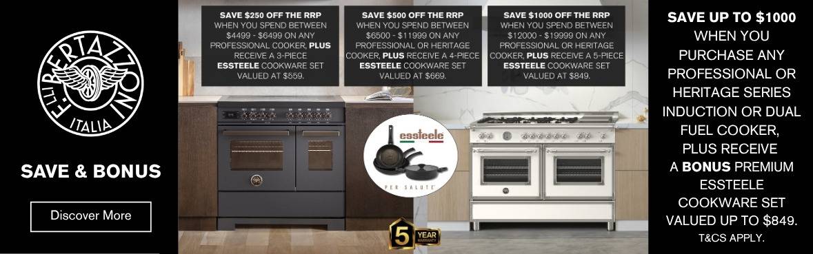 Save on Bertazzoni Professional or Heritage Series Cookers + Bonus Essteele Cookware Set*
