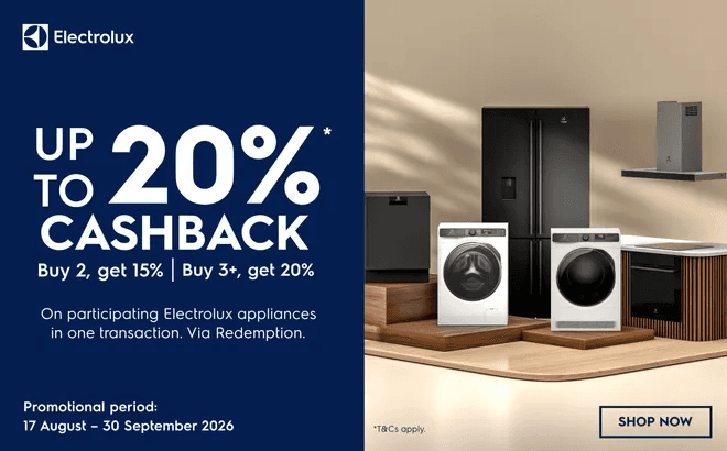 Get up to 20% Cashback via redemption on eligible Electrolux appliances