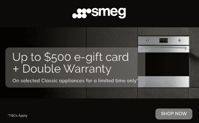 Up to $500 e-gift card + double warranty on Smeg Classic appliances*