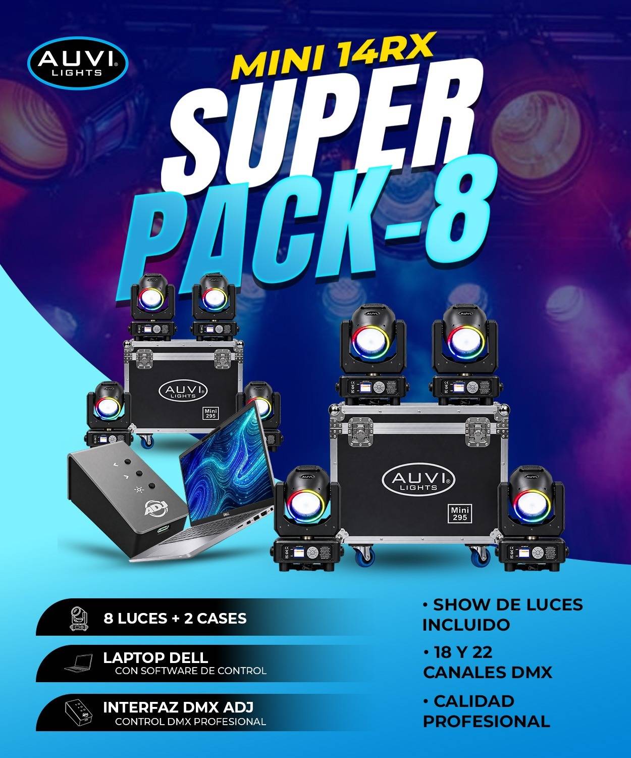 Mini 14RX Super Pack-8 Show de Luces Incluido 18 y 22 Canales DMX Calidad Profesional