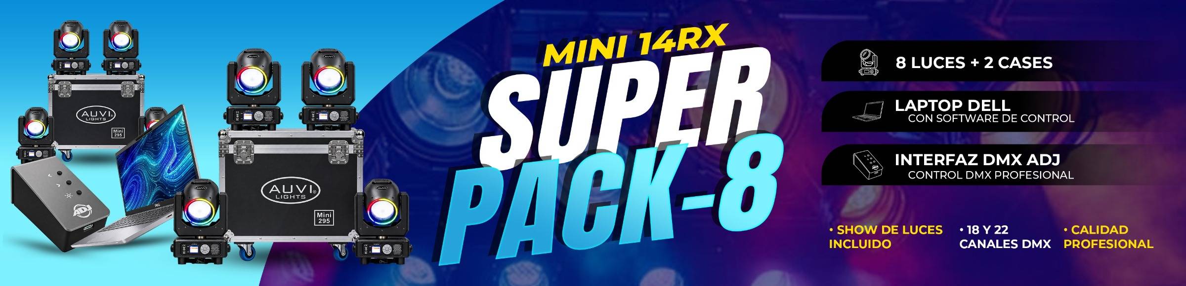 Mini 14RX Super Pack-8 8Luces+2Cases, Laptop, ADJ DMX interface