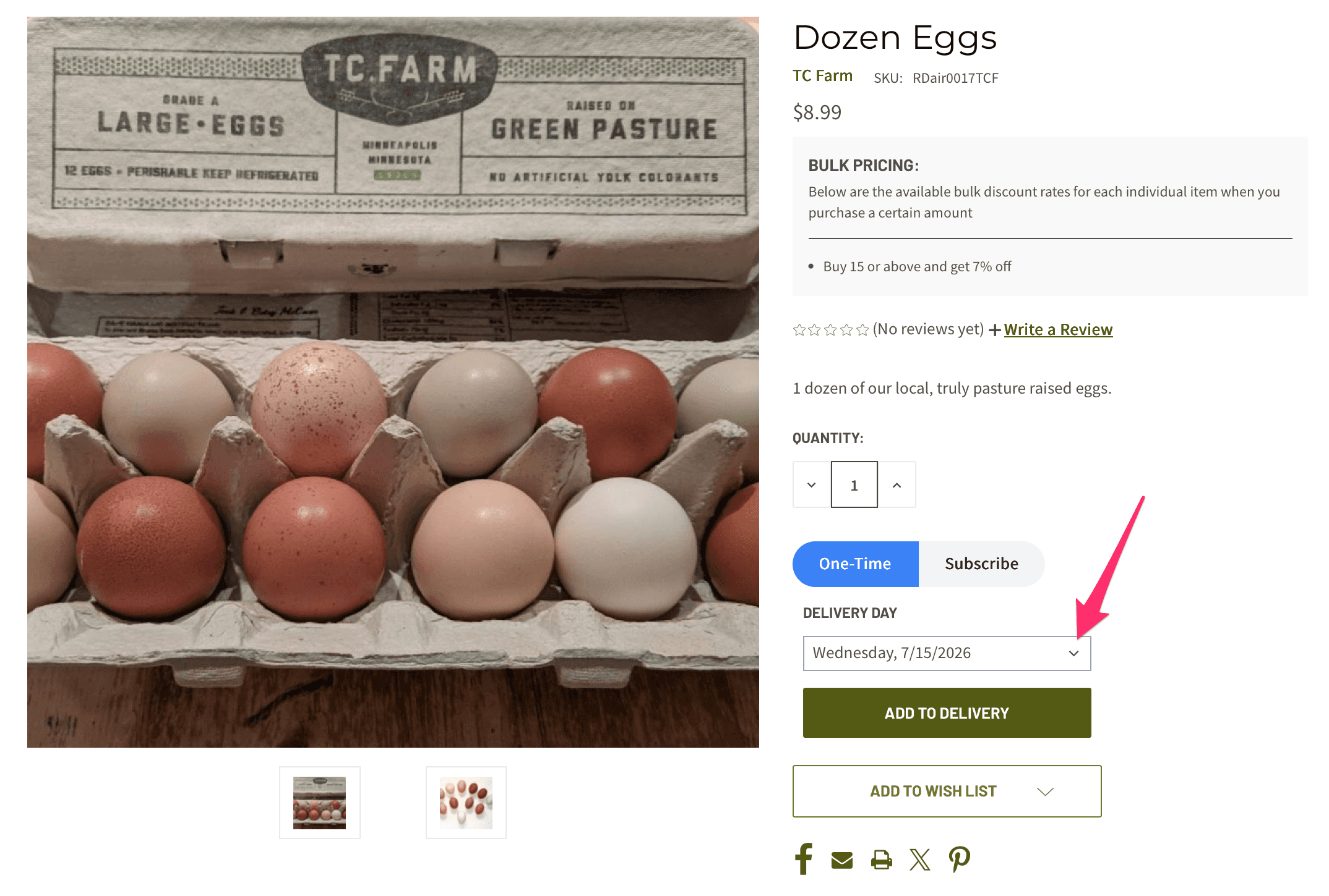 Adding an item from the product's page