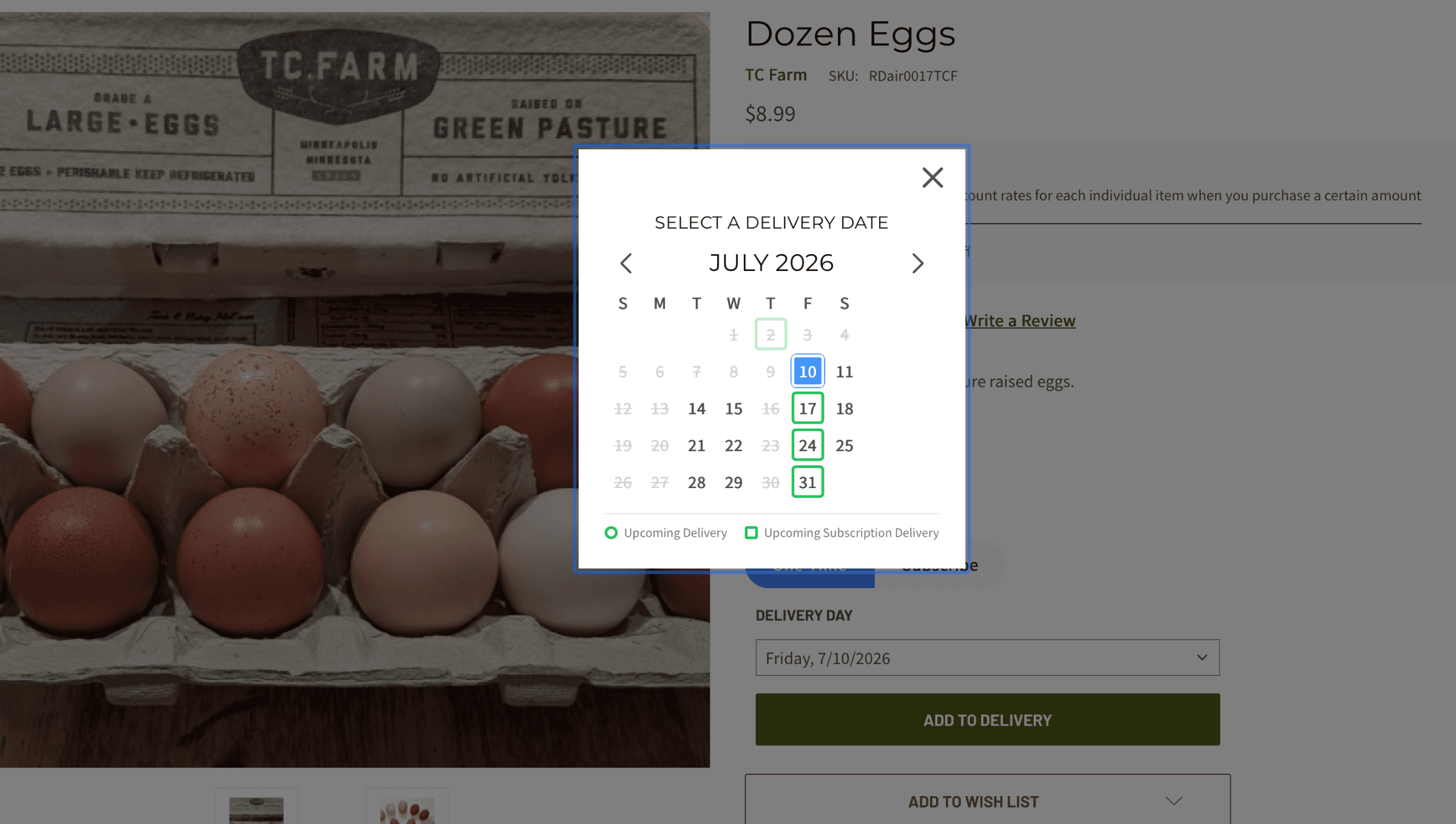 Selecting a delivery date