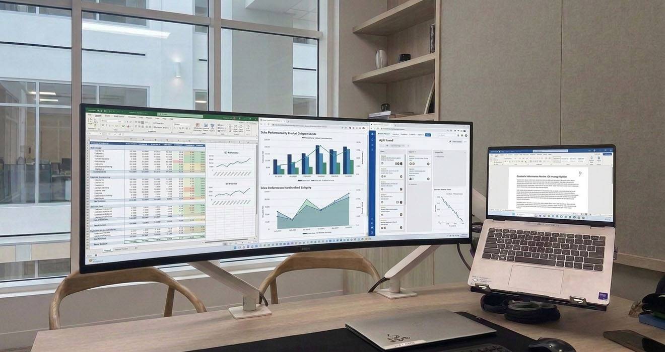 Atdec monitor arms holding a 49-inch ultrawide curved monitor and a 14-inch laptop