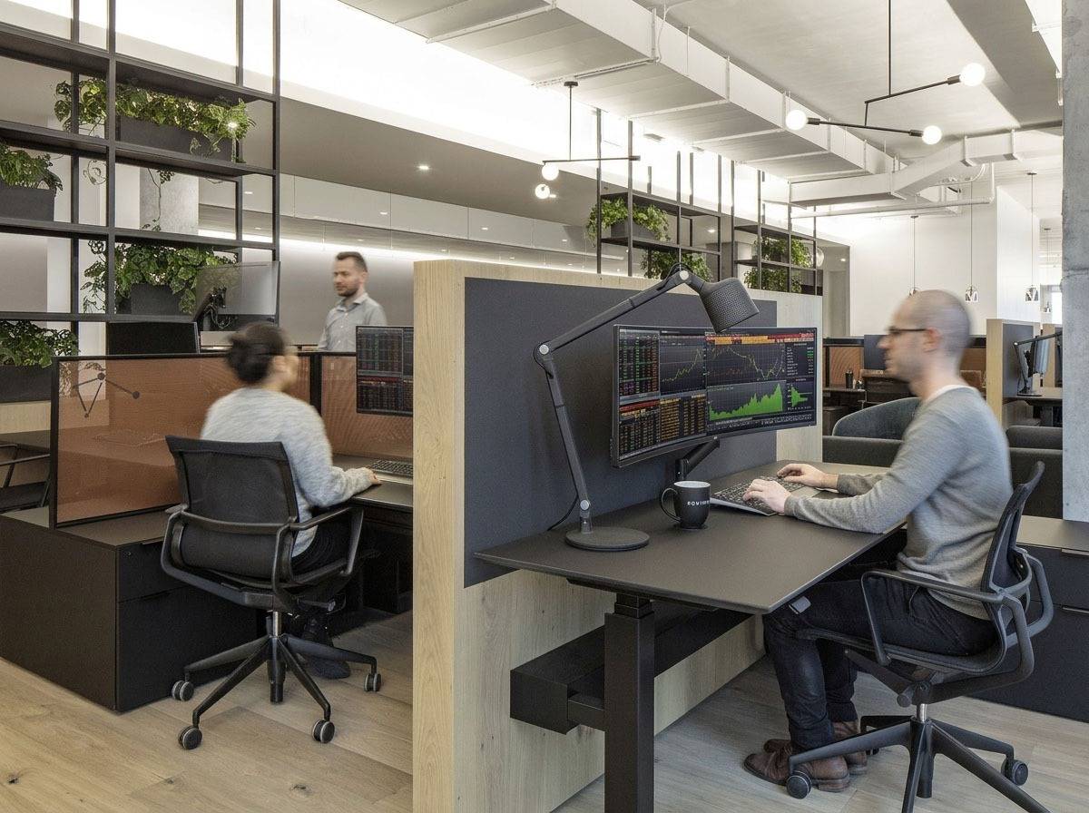 Atdec monitor arms holding dual 57-inch monitors, with a puppy