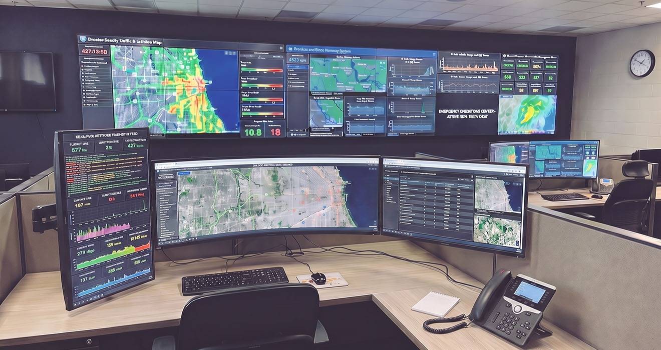 Atdec Modular monitor arms for emergency operations console monitors including ultrawide curved monitors and wall displays