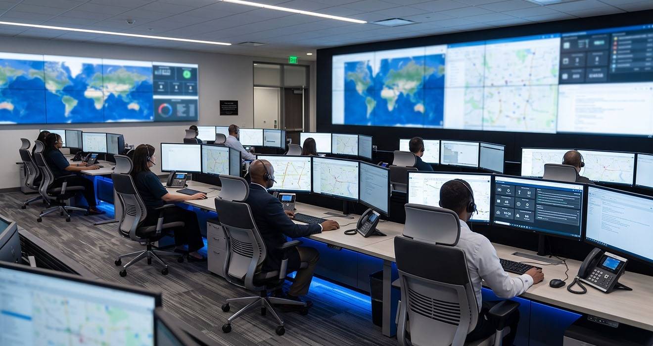 Atdec Modular monitor arms for emergency operations console monitors and wall displays with a unified monitor arm mounting system
