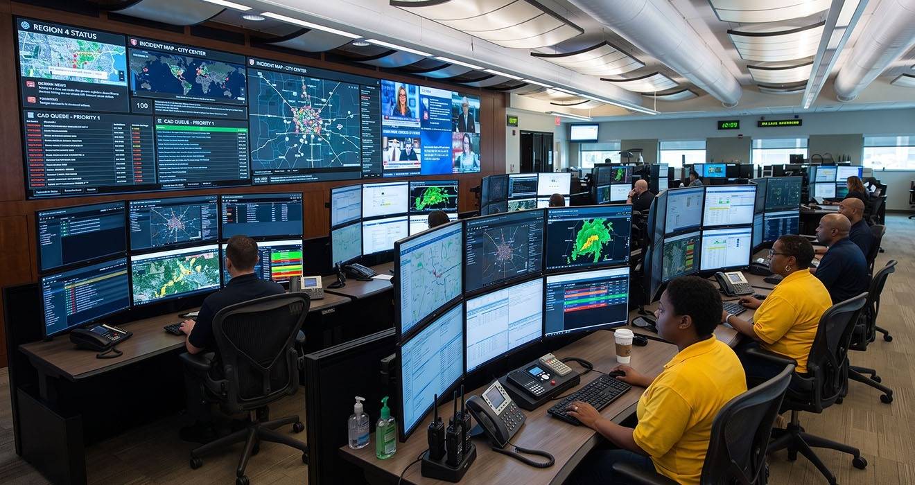Atdec modular monitor arms for emergency operations console monitors and wall displays 