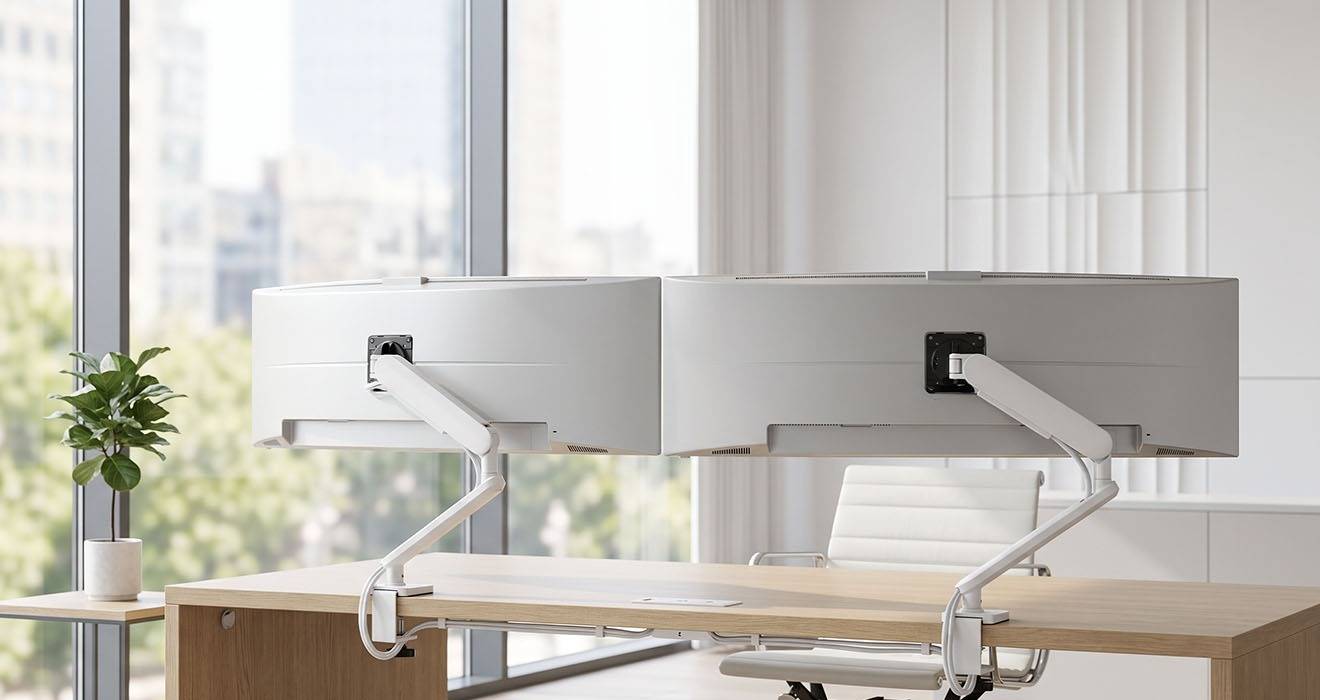 Atdec Ora10 Duo holding two 49-inch ultrawide monitors side by side
