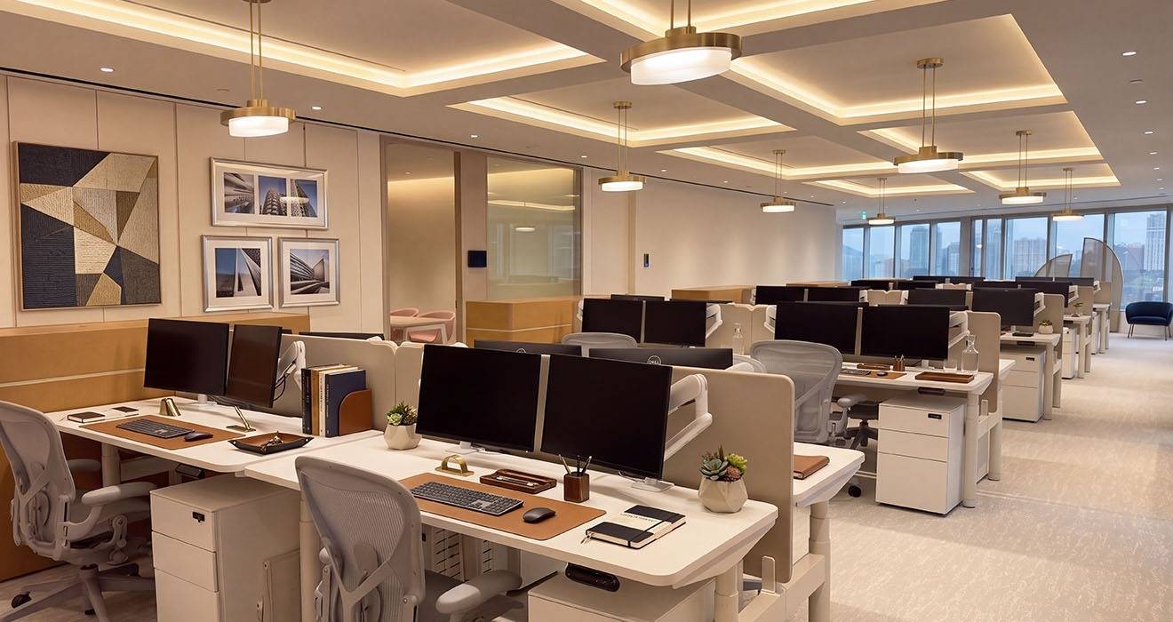 Atdec Ora Duo monitor arms for dual-monitor desks at a high end office in Singapore