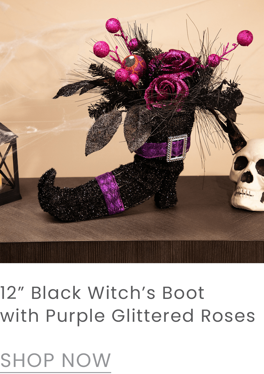 12-inch black witch's boot with purple glittered roses