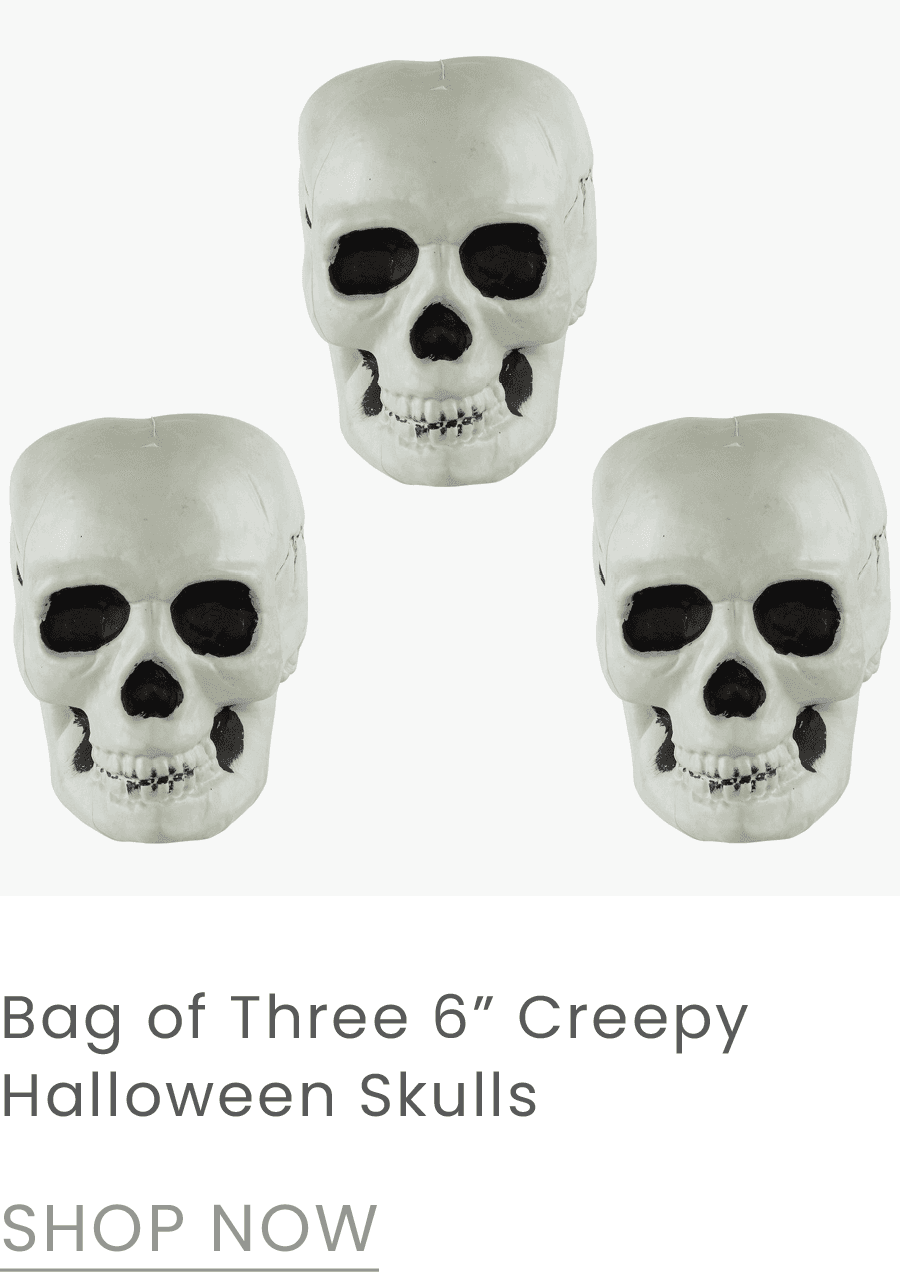 bag of three 6-inch creepy skulls Halloween decorations