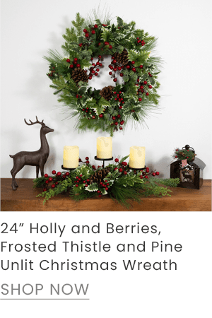 24-inch holly and berries, frosted thistle and pine unlit Christmas wreath