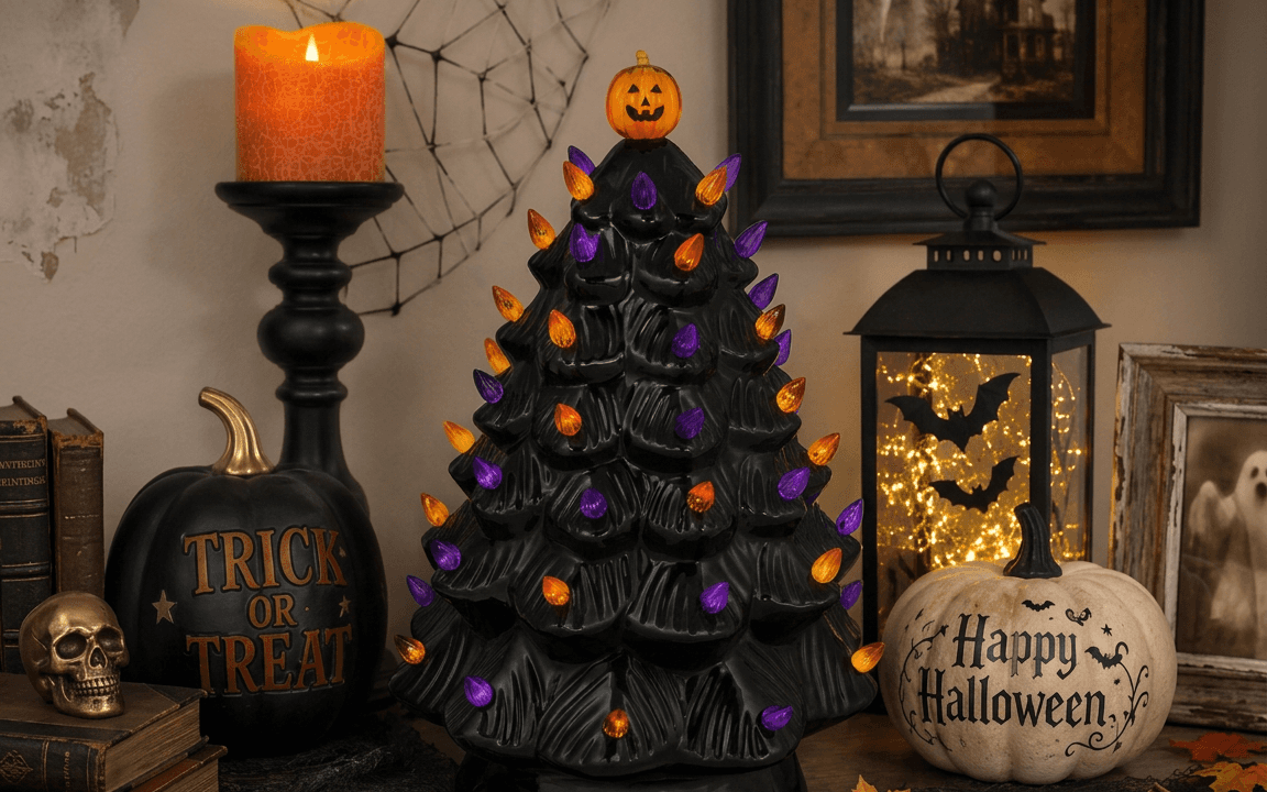 Black ceramic Halloween tree with orange and purple lights on tabletop display