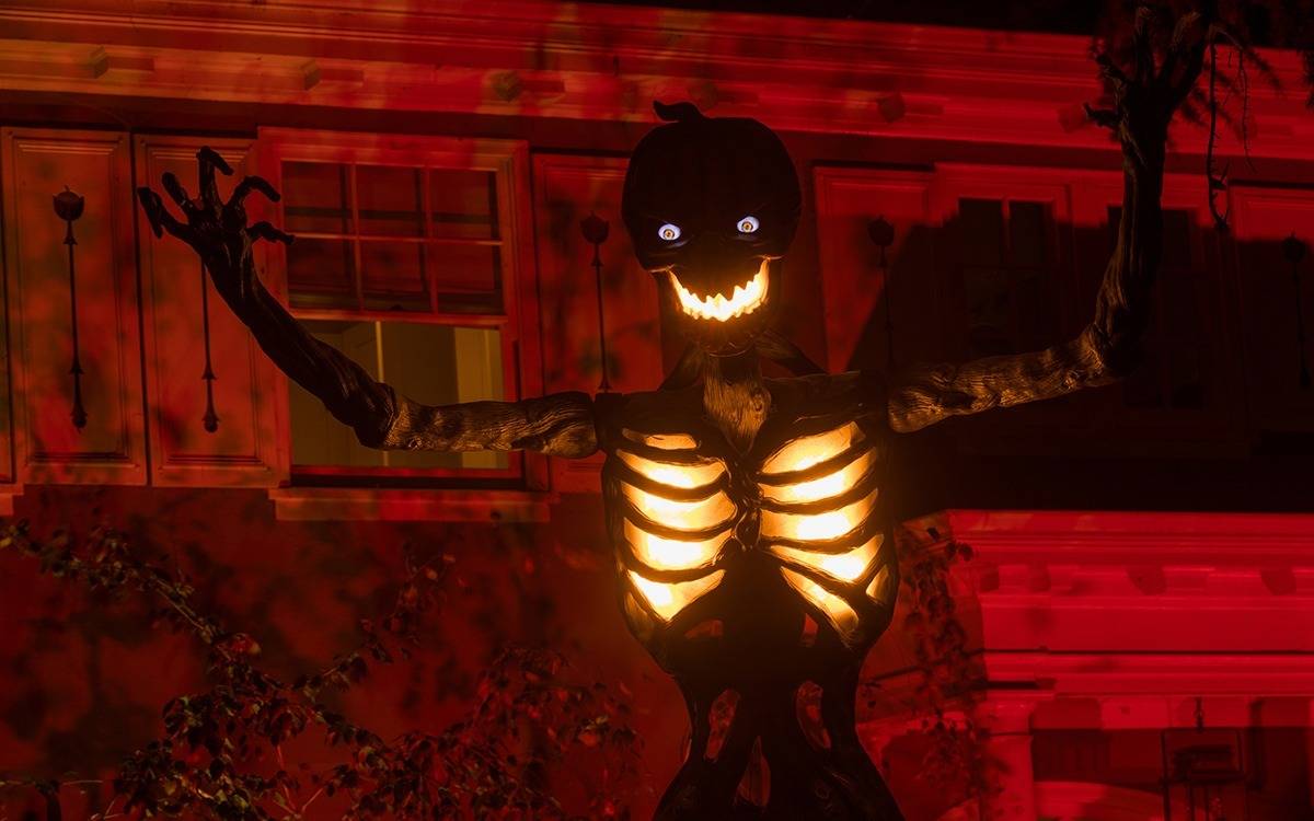 giant Halloween skeleton in front of house with orange and purple mini lights