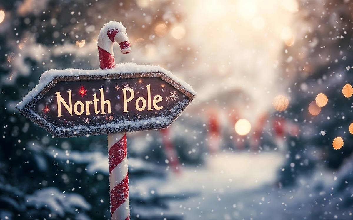 North Pole sign in snowy scene on candy cane pole