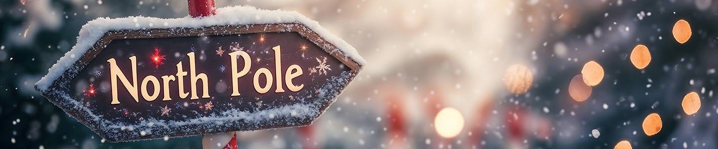 North Pole sign in snowy scene on candy cane pole