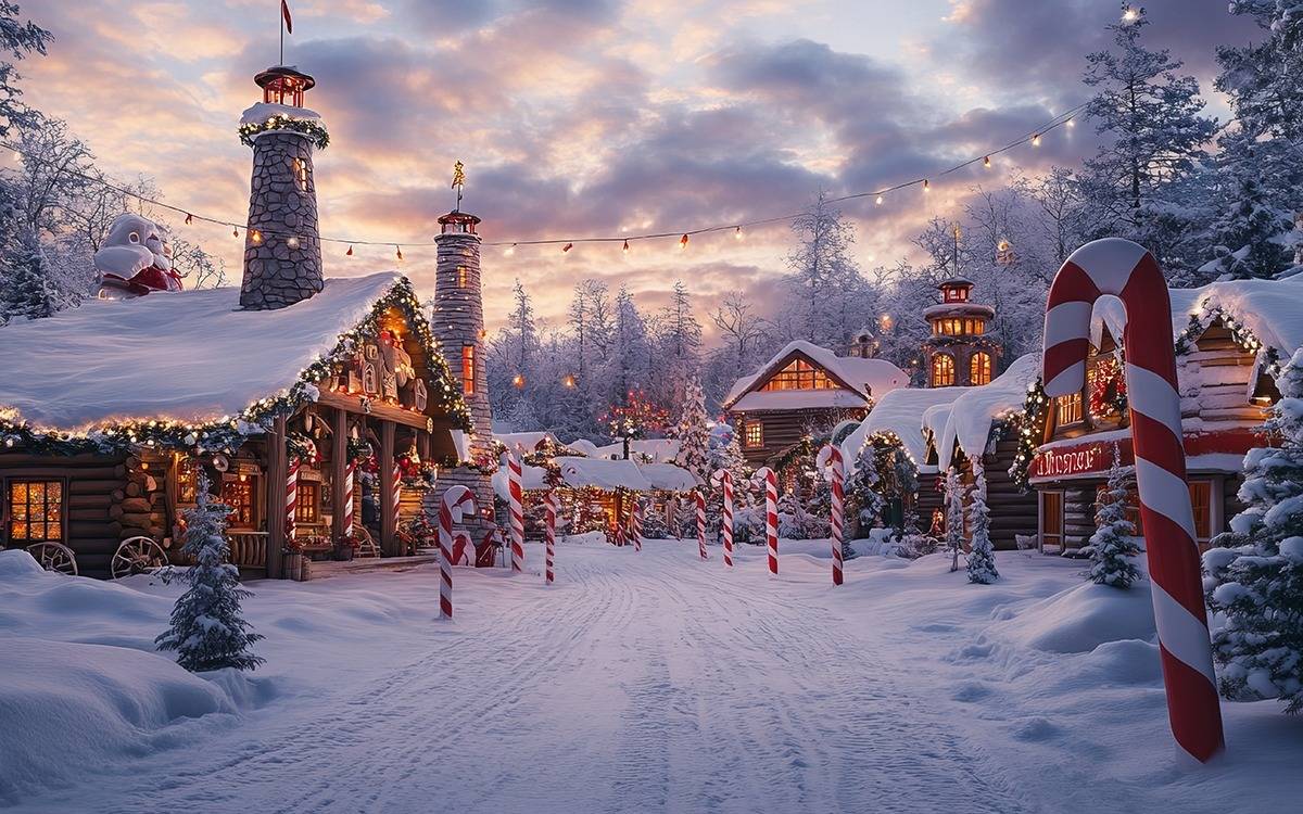 illustration of Santa's North Pole Village, lit up at twilight, with candy cane poles lining road