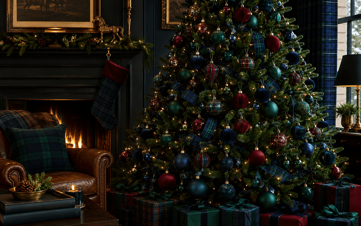 elegant lving room decorated with tree and accessories with dark green, red and blue ornaments, plaid ribbons and textiles
