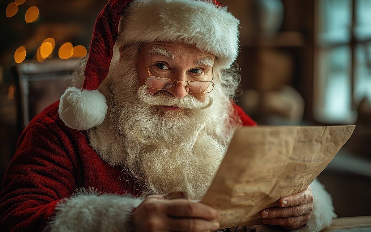 illustration of Santa in red suit and old fashioned spectacles reading at his desk