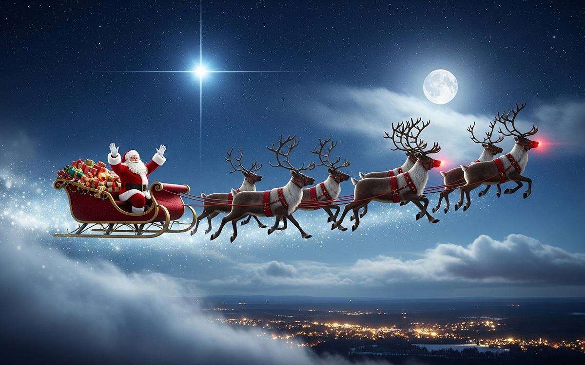 Santa in sleigh being pulled by reindeer over a distant city, with moon and bright star in background