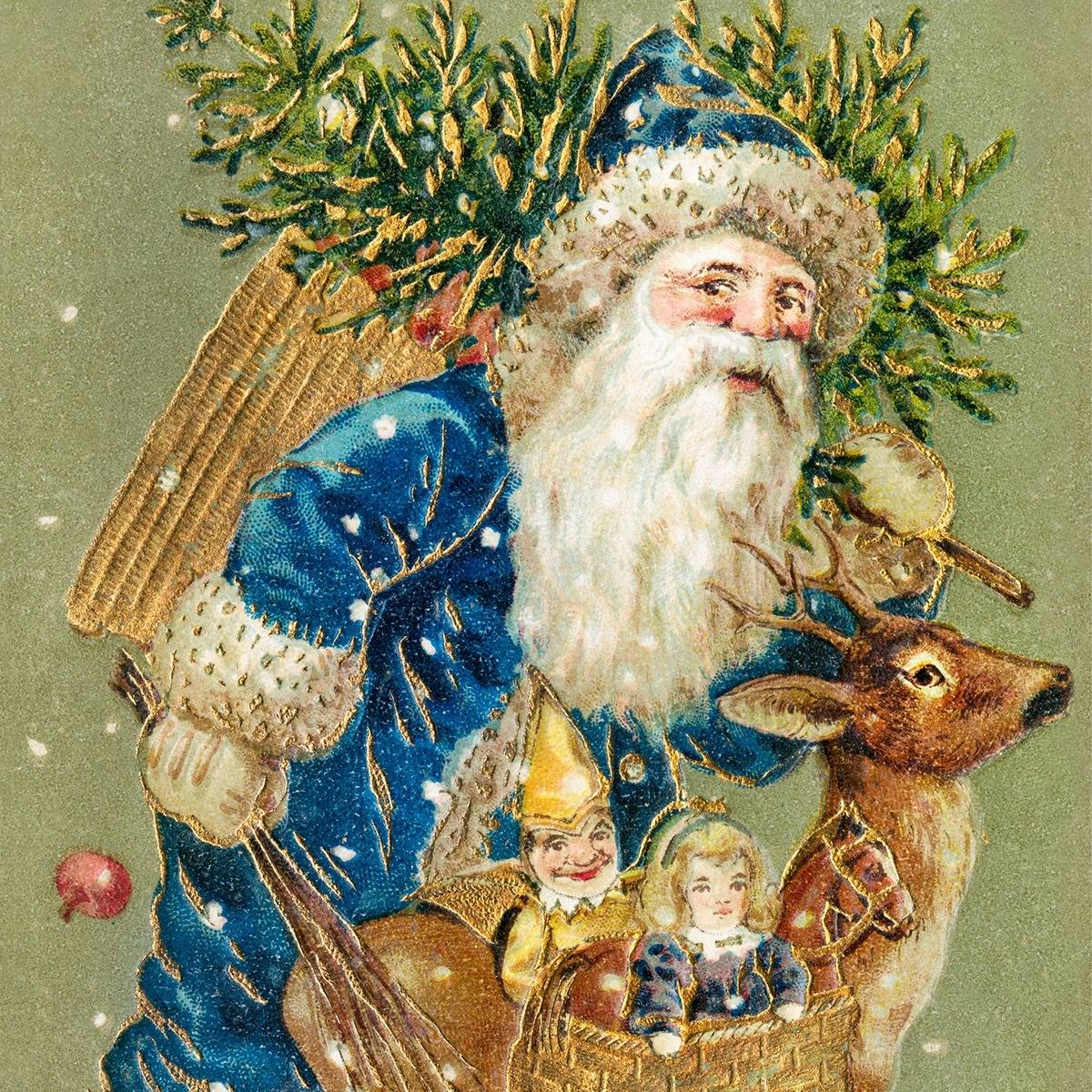 old-fashioned drawing of Santa Claus on traditional Christmas card