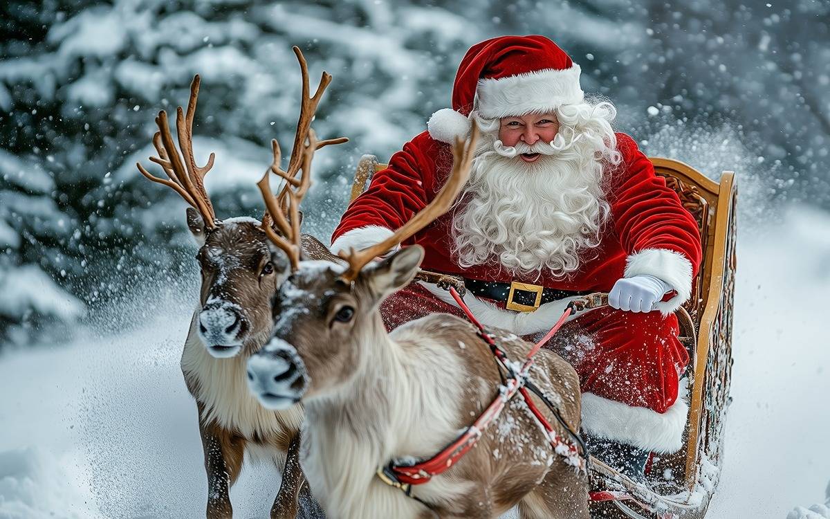 Realistic Santa in sled pulled by two reindeer AI