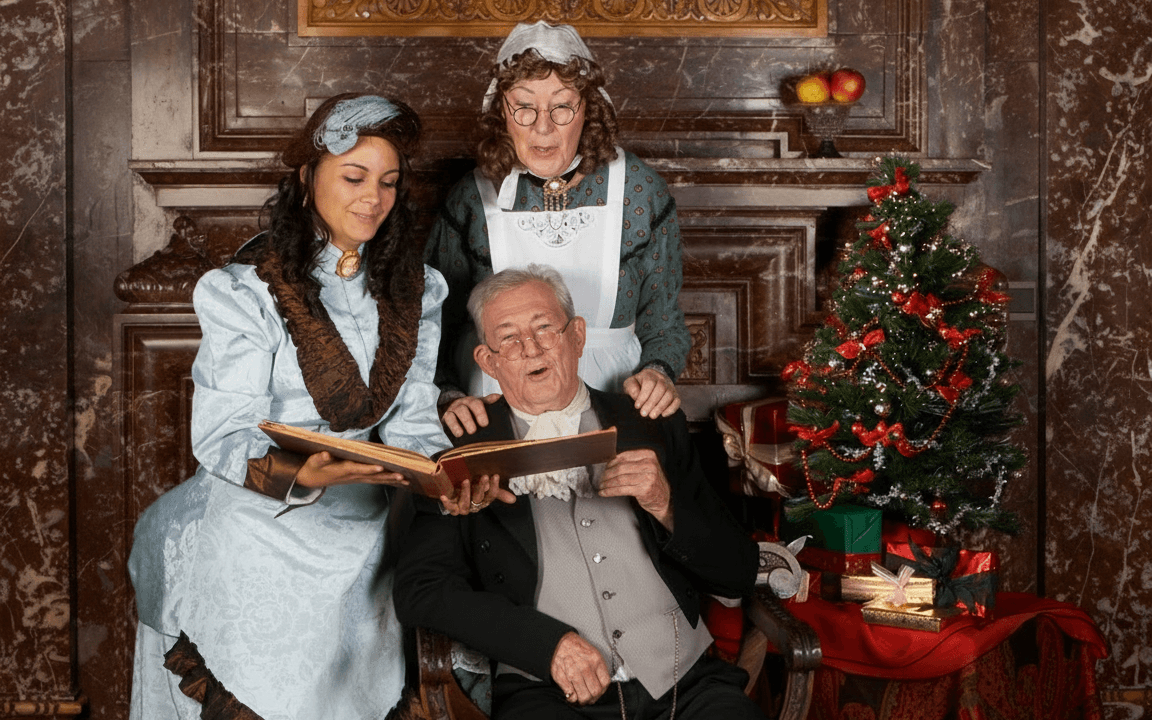 actors portray a Victorian-era father, mother and young woman daughter near Christmas tree and marble fireplace