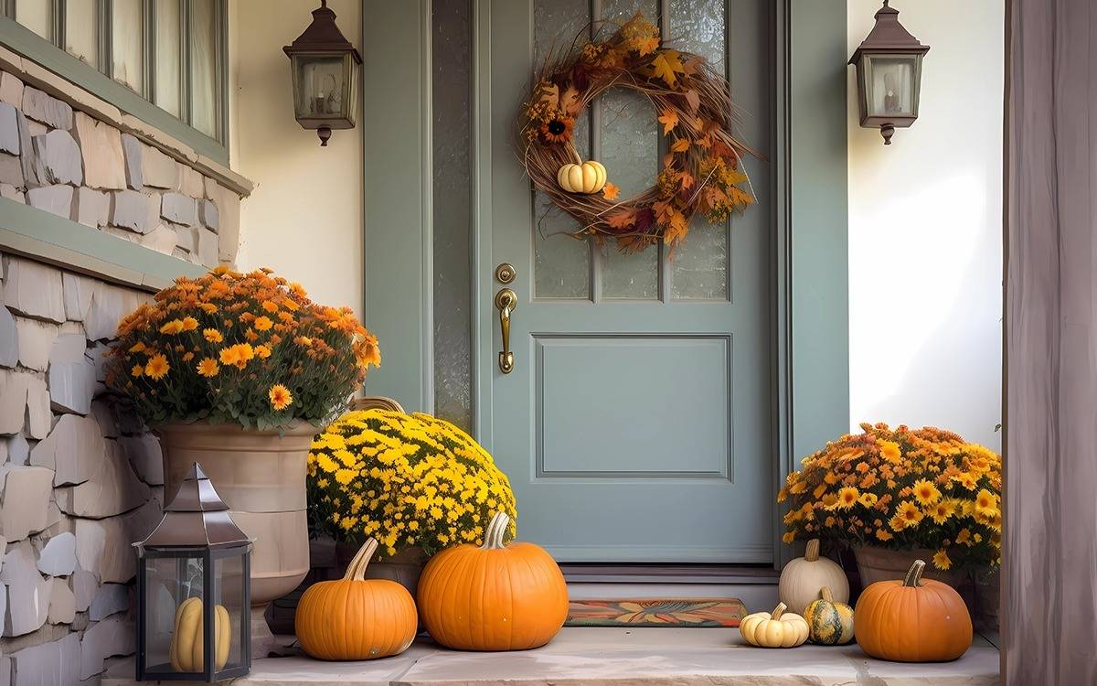 front door with fall wreath and front porch with potted mums and pumpkins