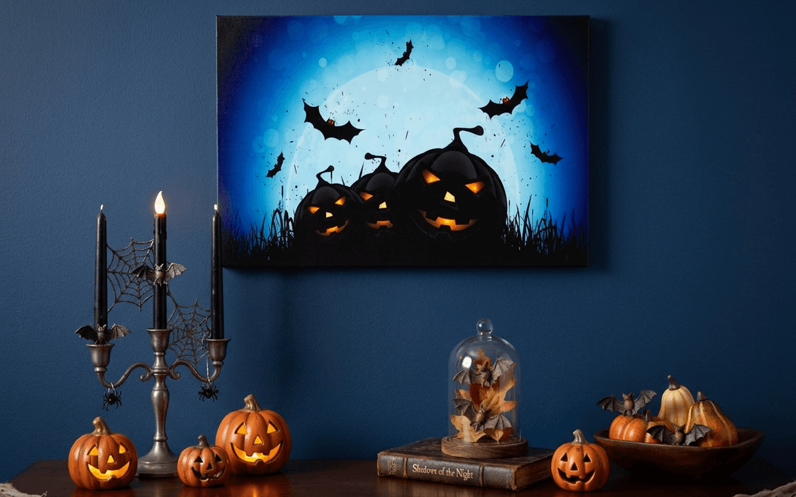 illuminated canvas wall art featuring pumpkins and bats hanging above a table decorated for Halaloween