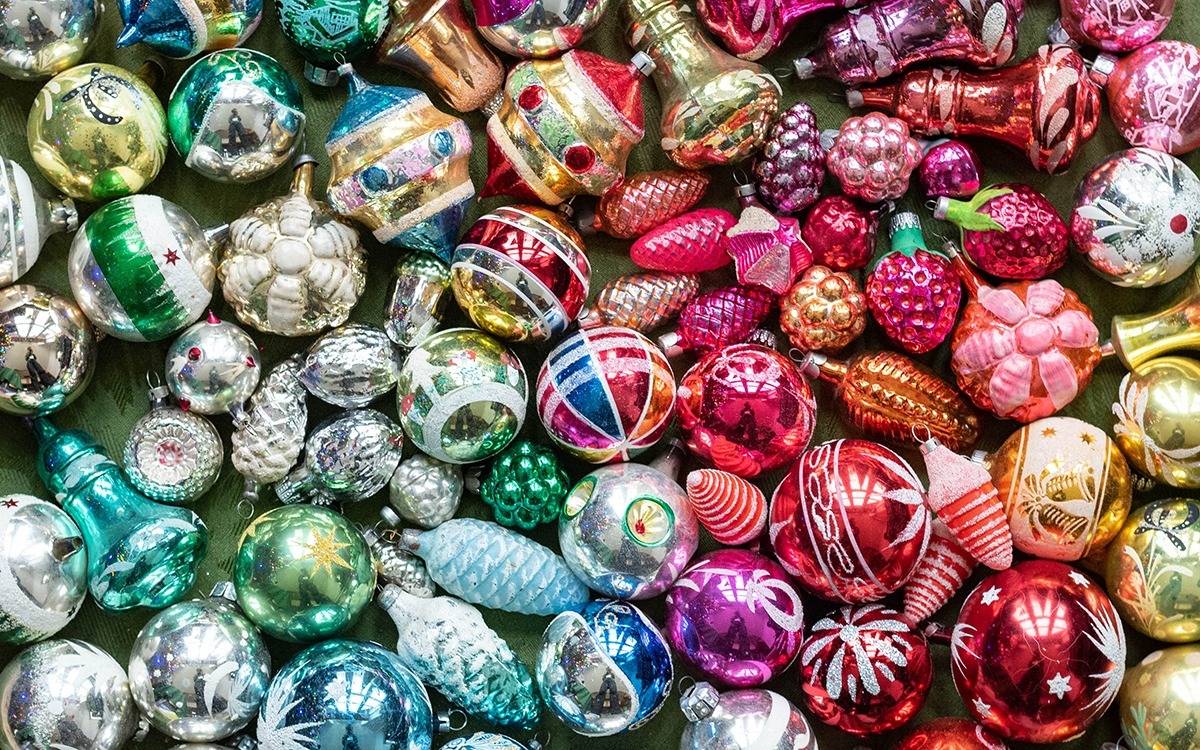 collection of colorful vintage Christmas ornaments