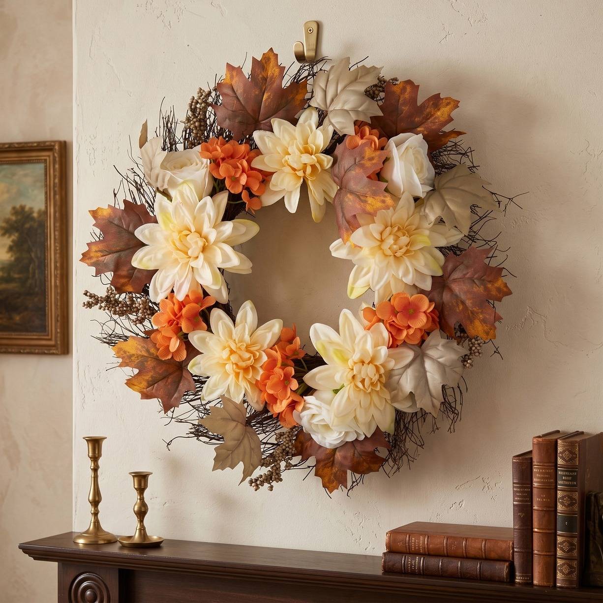22-inch dahlias, maple leaves and berries fall twig wreath
