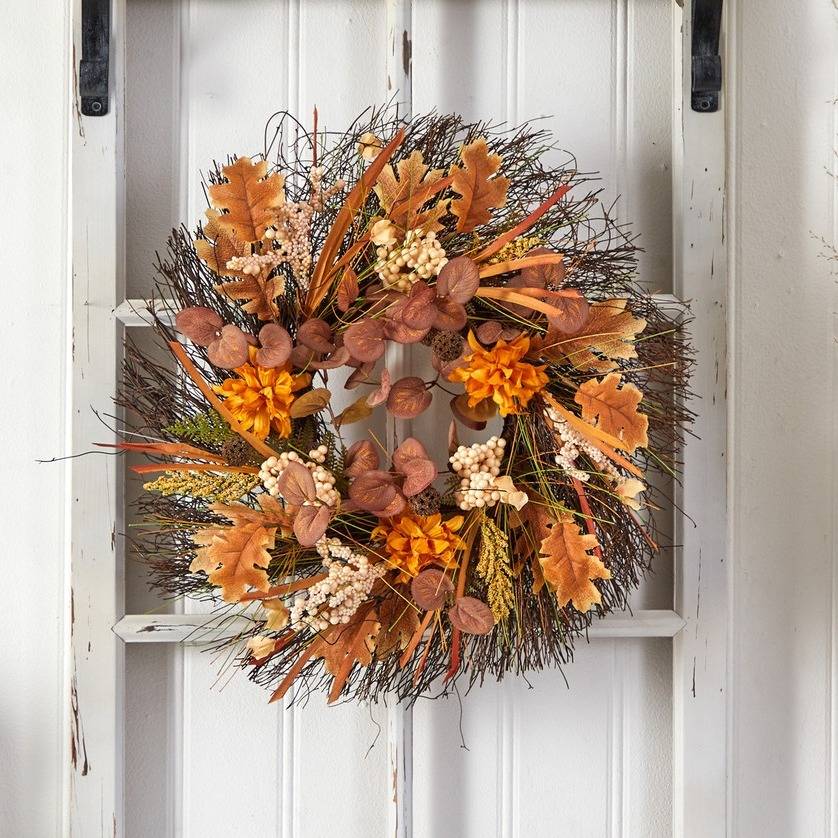22-inch dahlia and berries artificial fall harvest wreath