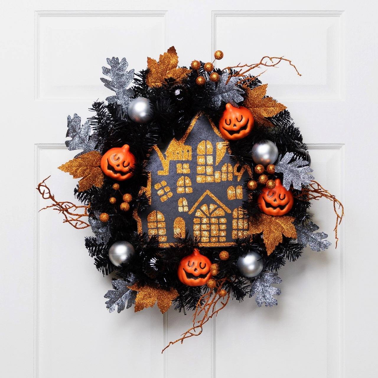 24-inch glittered haunted house black pine wreath