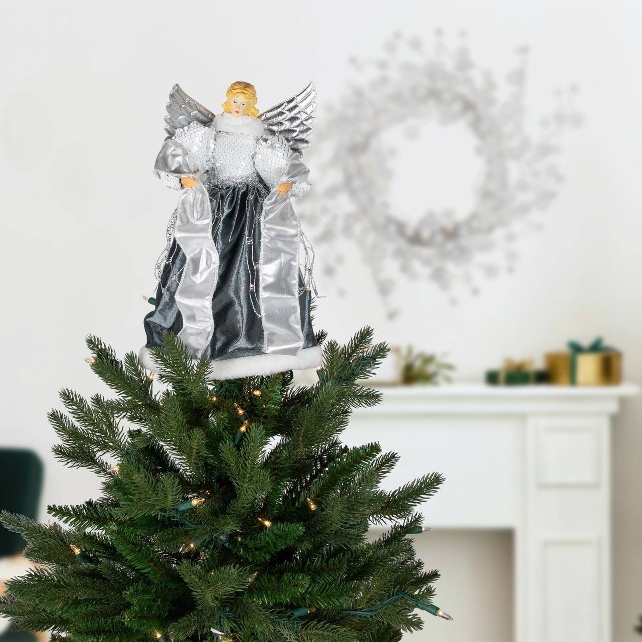 12-inch Sequined Angel with Wings Tree Topper, unlit