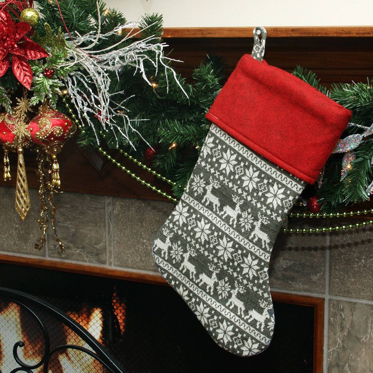 19” grey, white and red snowflakes and reindeer knit Christmas stocking