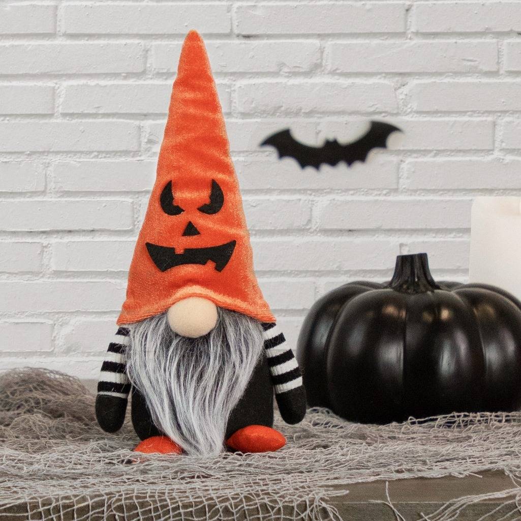 9.75-inch plush Halloween gnome with jack o lantern hat