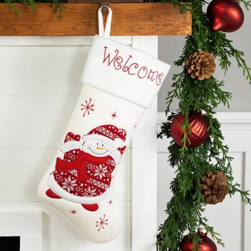 17-inch White and red welcome snowman stocking
