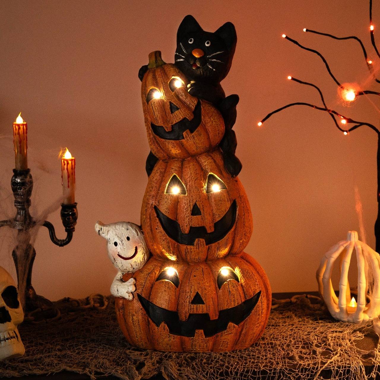 LED lighted stacked jack o lanterns with ghost and black cat