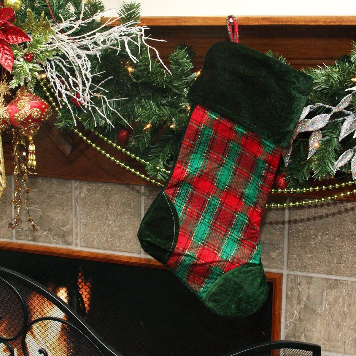 19” green, red and gold plaid and velvet stocking