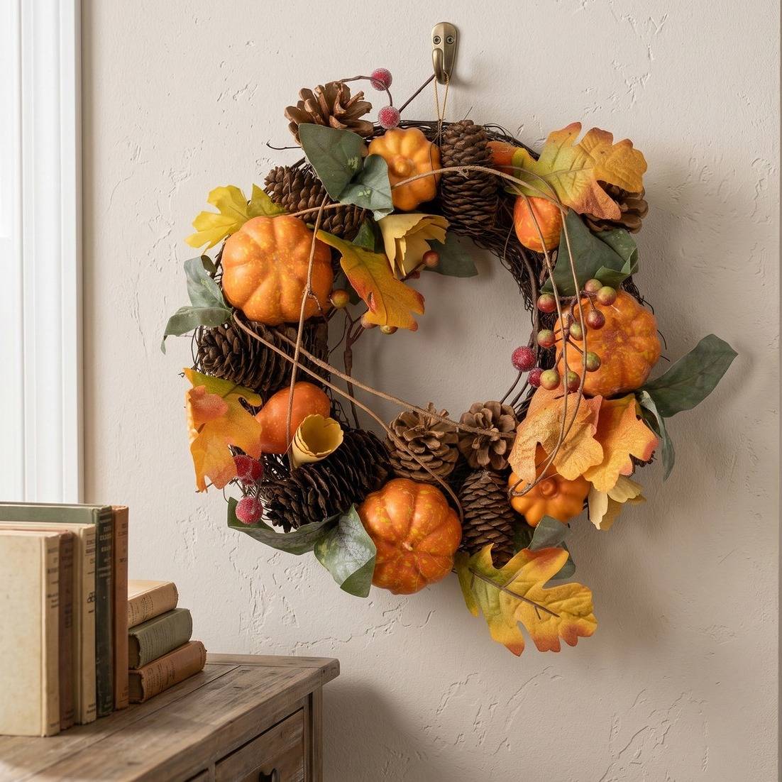 13.5-inch Speckled Pumpkins, Vine and Pinecone Fall Twig Wreath